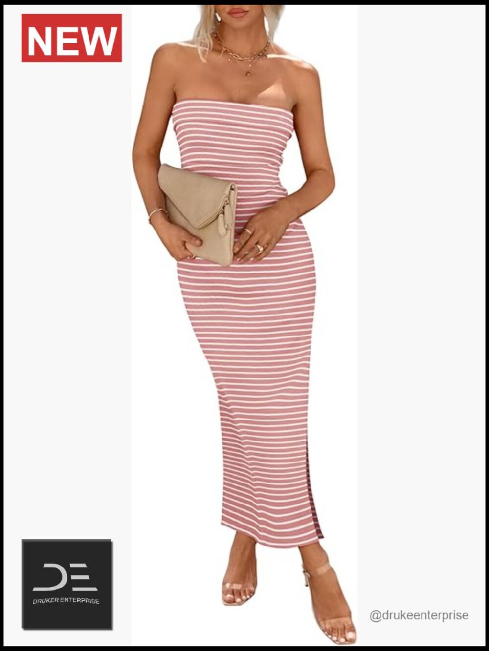 Ribbed Knit Strapless Maxi Bodycon Dress Side Slit Casual Party